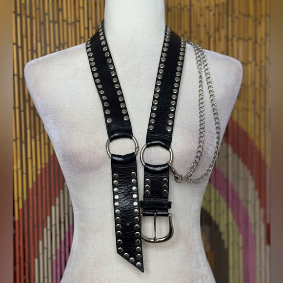 Y2K Retro Brand Studded Leather Chain O-Ring Belt - Picture 2 of 7